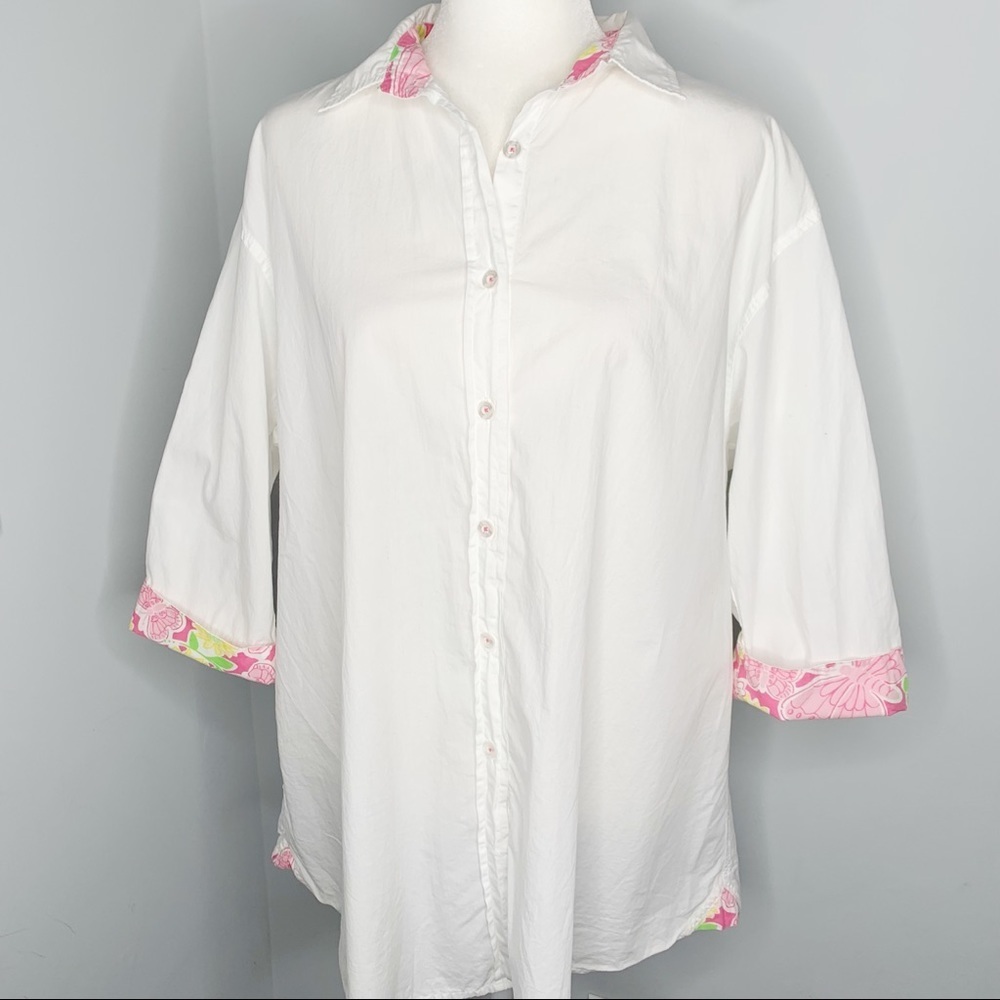 Lilly Pulitzer White Cotton Button Up Butterfly Cuff Top Blouse M